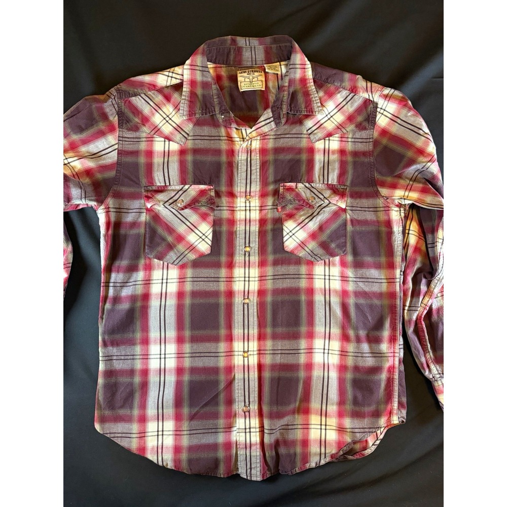 Vintage Levi Strauss & Co. Maroon Gray White Plaid Men's Pearl Snap LS Shirt, M